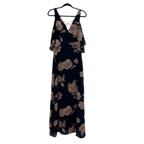 Lulu's Dress The Very Thought Of You 539682 Flounce Shawl Floral Gown Navy Sz S - Picture 1 of 16